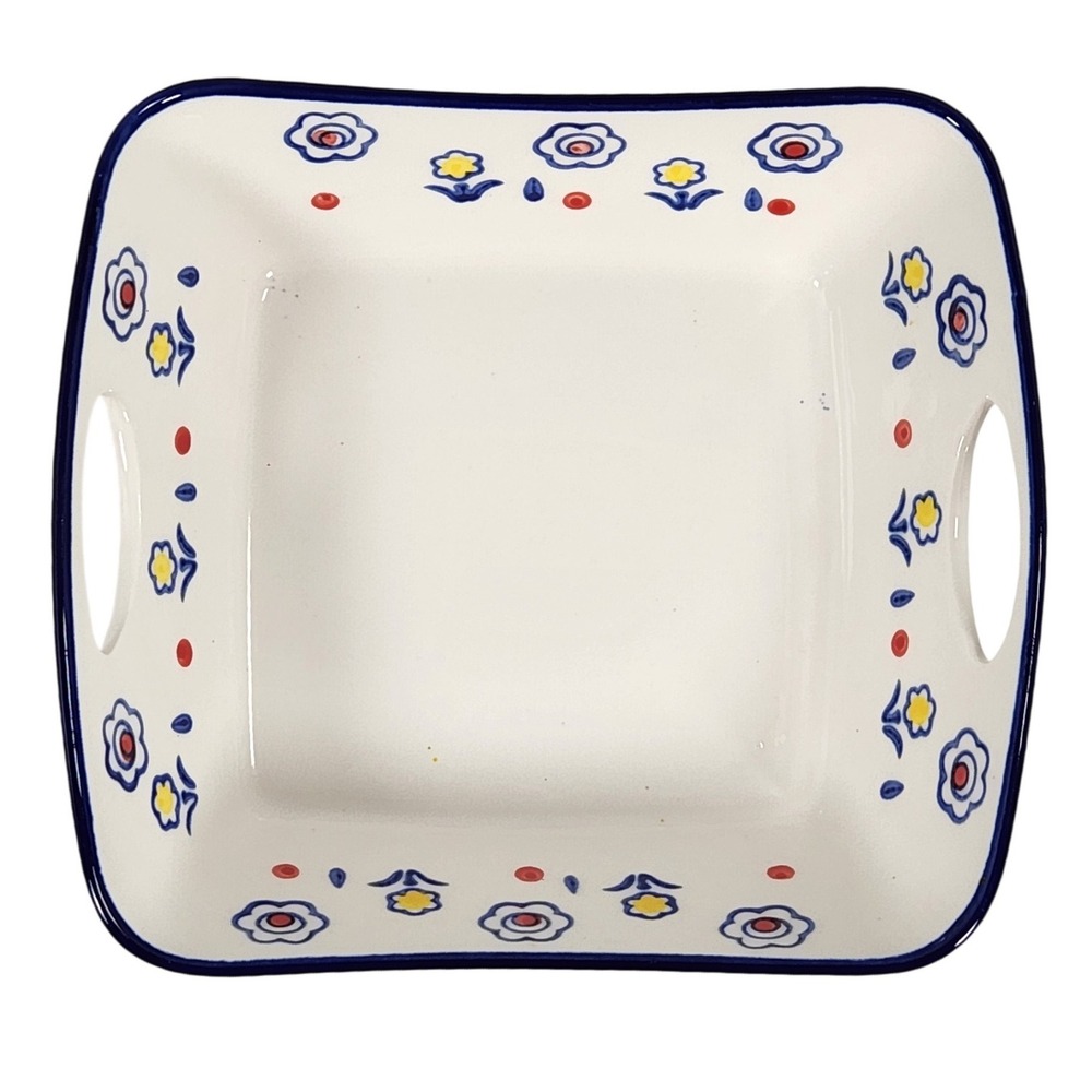 VTG Polish Pottery Handpainted Floral Folk Art 8" X 7" Serving Dish w/Handles